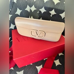 Valentino Nude Leather Clutch with Logo Accent
